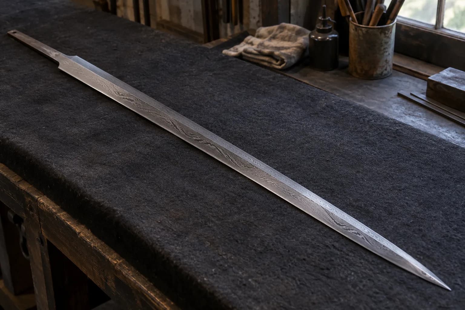 Unfinished pattern-welded longsword blade with rippled etched pattern and integral tang lying on a black felt-covered bench
