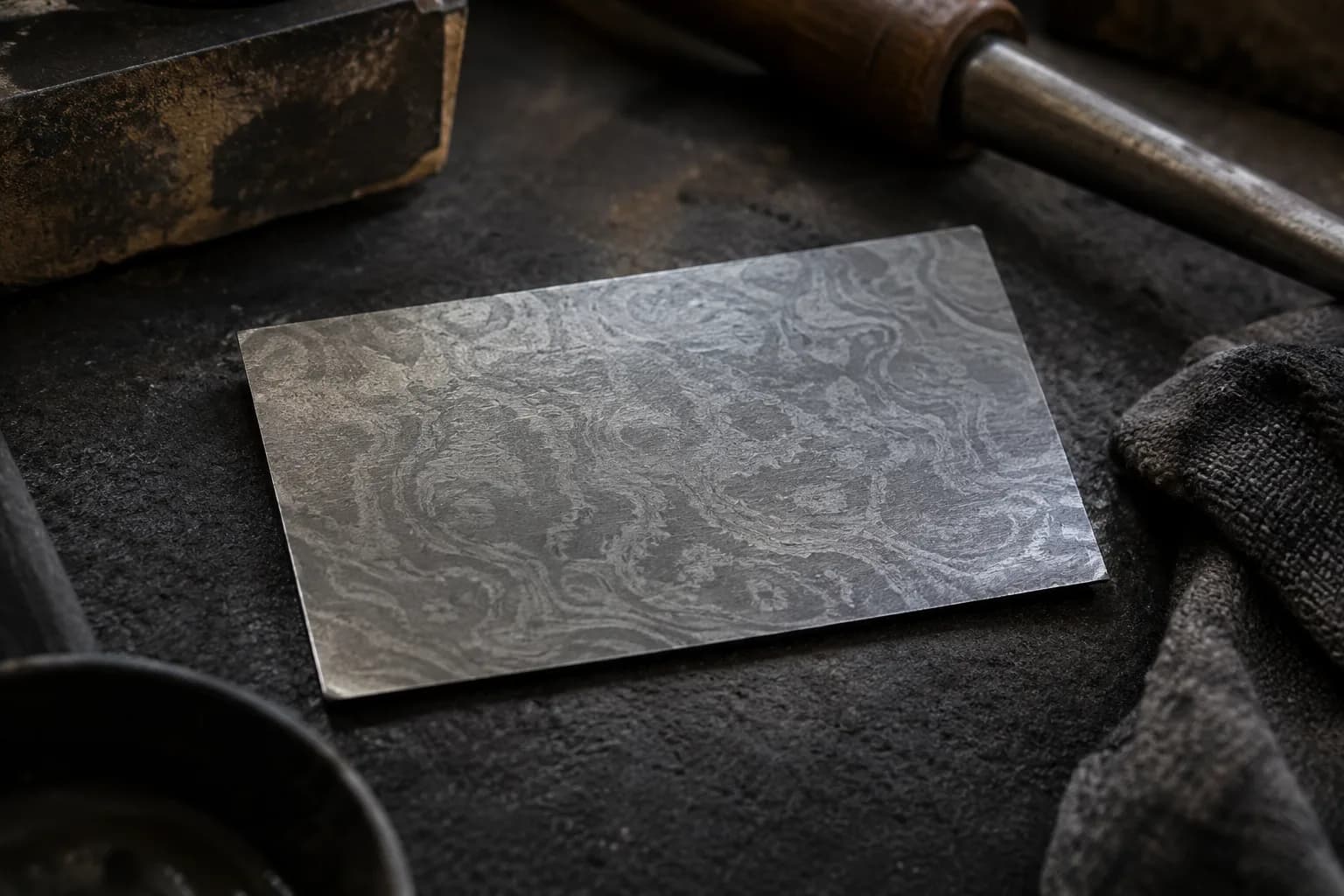 Etched steel coupon with flowing gray watered bands lying on a dark bench beside a tool handle and a shop cloth.