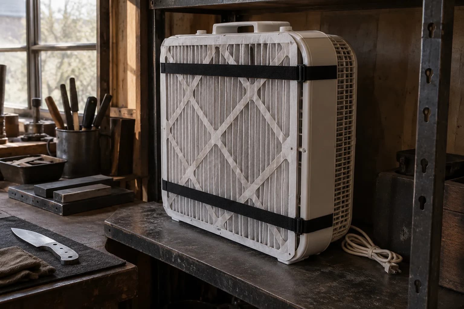 White box fan on a steel shelf with a pleated furnace filter strapped over its intake, a knife blank on a mat nearby.