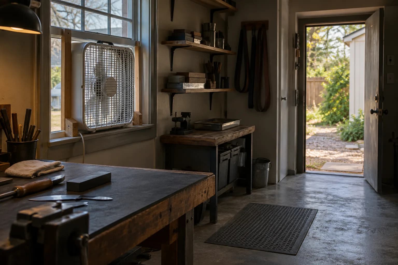 Box fan wedged in an open shop window, with a separate open back door and clear benches across the room.