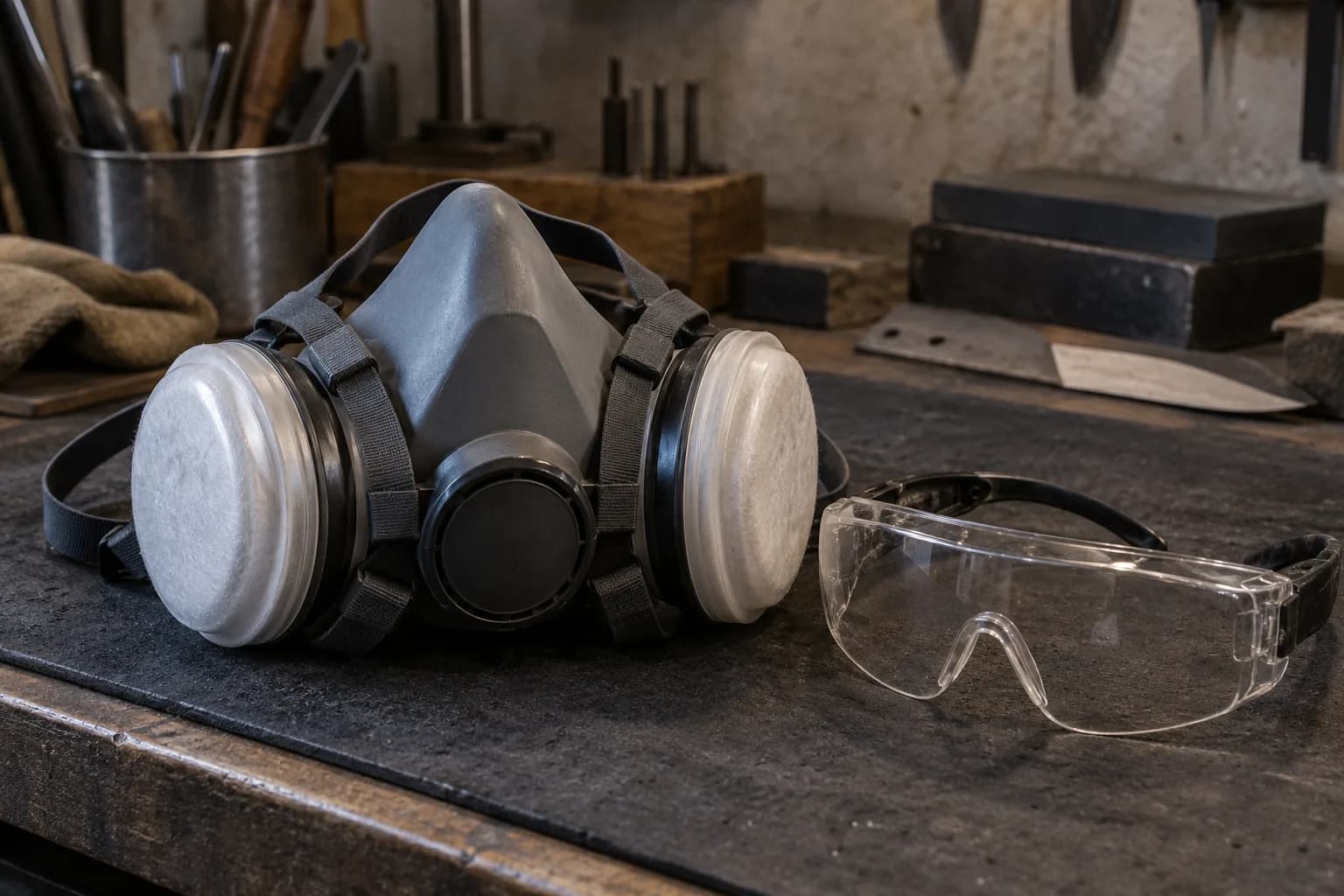 Gray reusable half-mask respirator with two white particulate filters beside clear safety goggles on a dark bench pad.