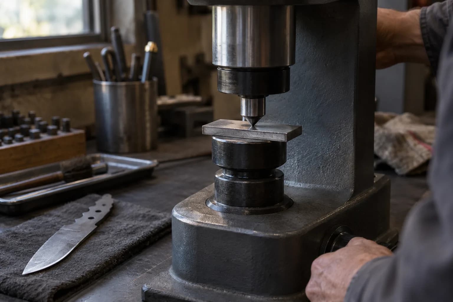Flat steel coupon sits on the anvil of a bench hardness tester under its cone indenter, with a blade blank on a towel nearby.