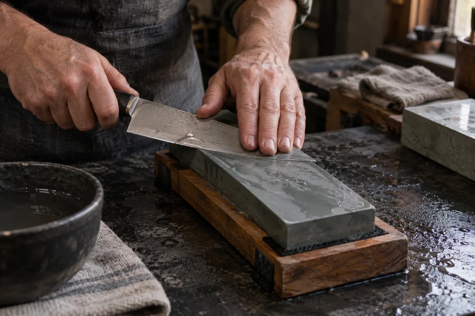 Hands sharpen a plain kitchen knife on a wet stone held in a wooden cradle, fingers flat on the blade face behind the edge.