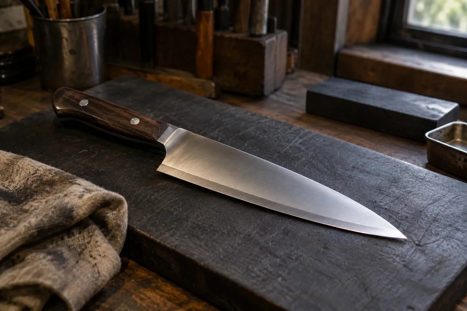 Plain kitchen knife lies diagonally on a dark board, side light picking out its smooth grind and fine edge bevel.