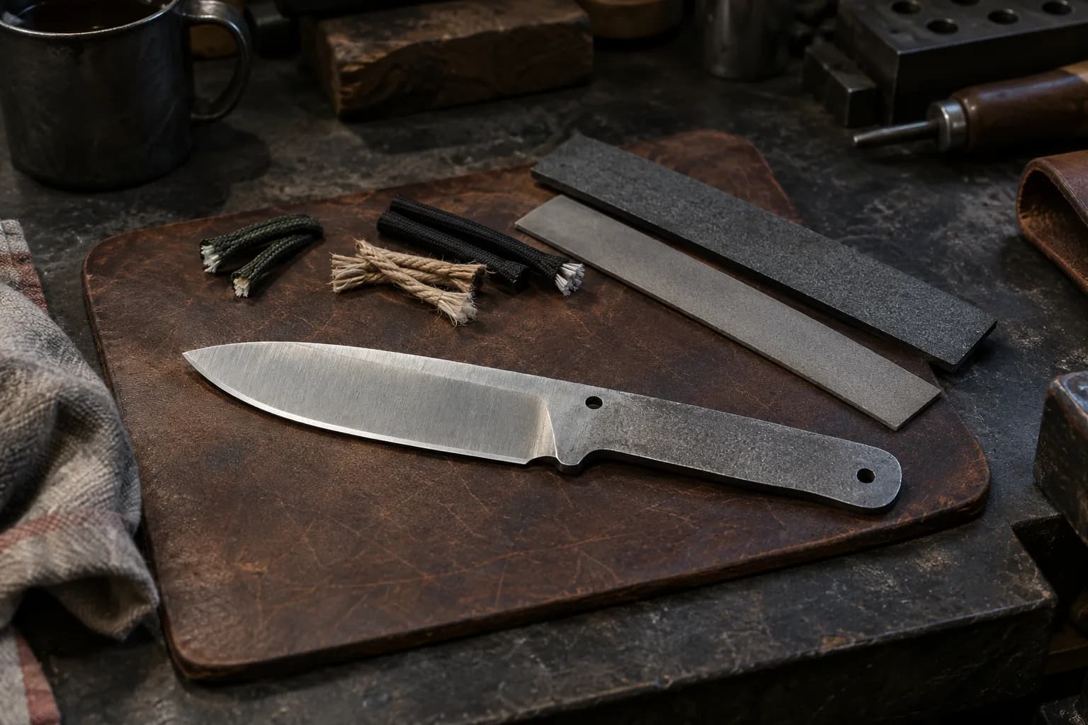 Plain utility blade blank rests on a leather pad beside cord offcuts and two flat abrasive strips on a dark bench.