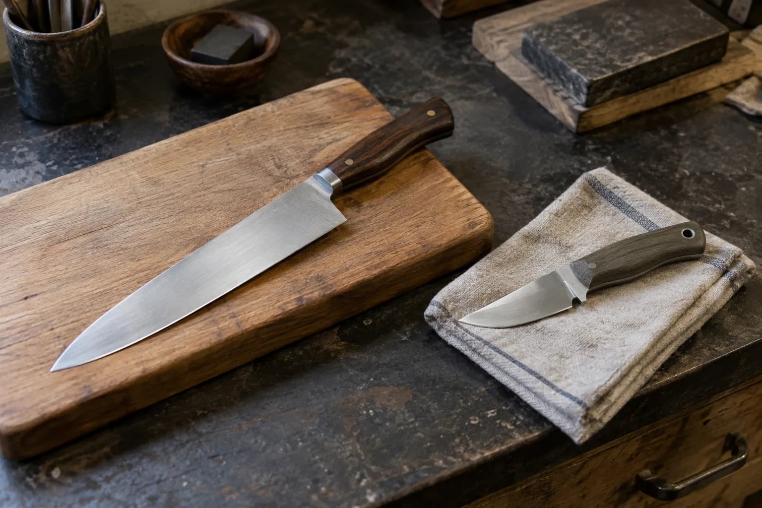 Chef's knife with dark wood handle on a worn oak board beside a small fixed blade resting on a folded shop cloth.
