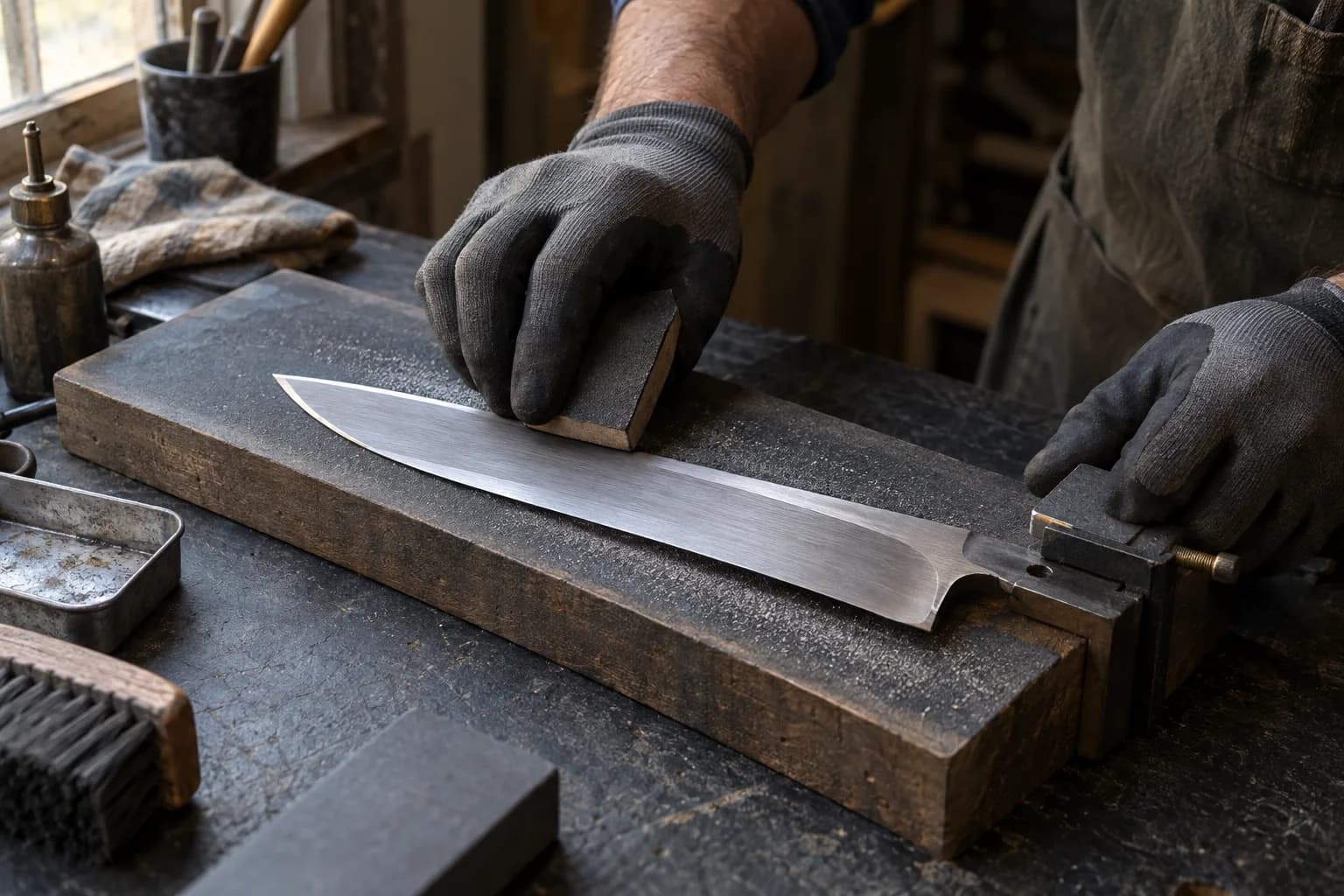 Gloved hand drawing a sanding block along a gray knife blank clamped by its tang to a flat board on a dark bench.