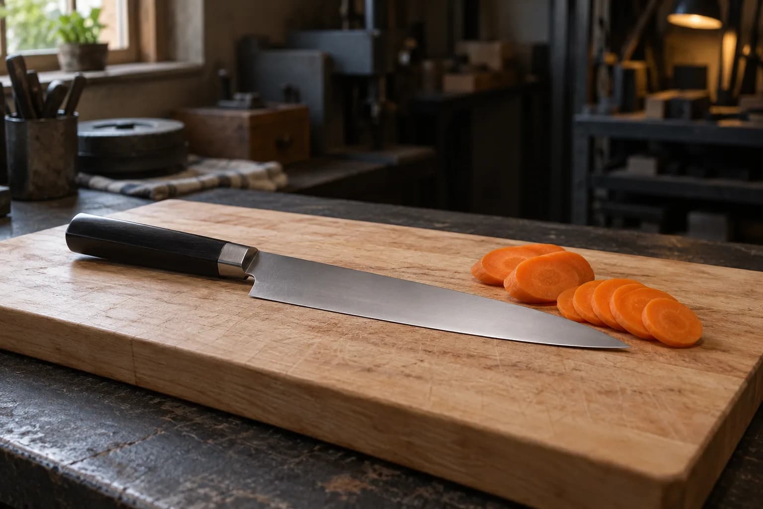 Slender kitchen knife with a black handle lying on a clean wooden board beside a row of thin carrot slices.