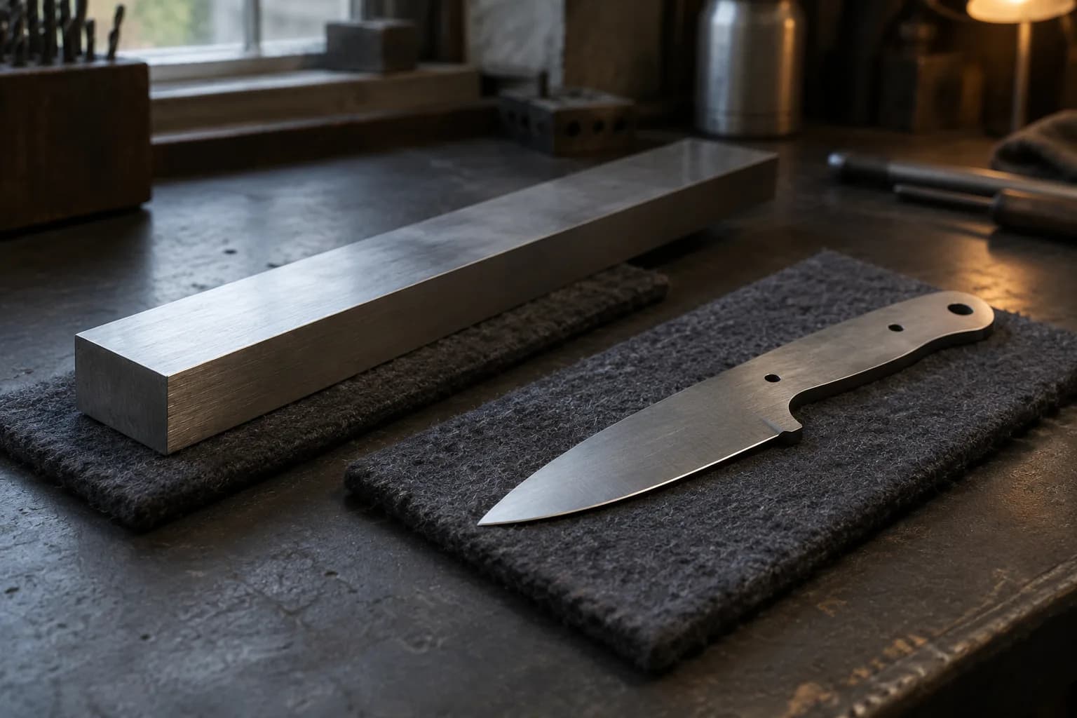 Unmarked flat steel bar on one felt pad beside a profiled knife blank with tang and pin holes on another pad.