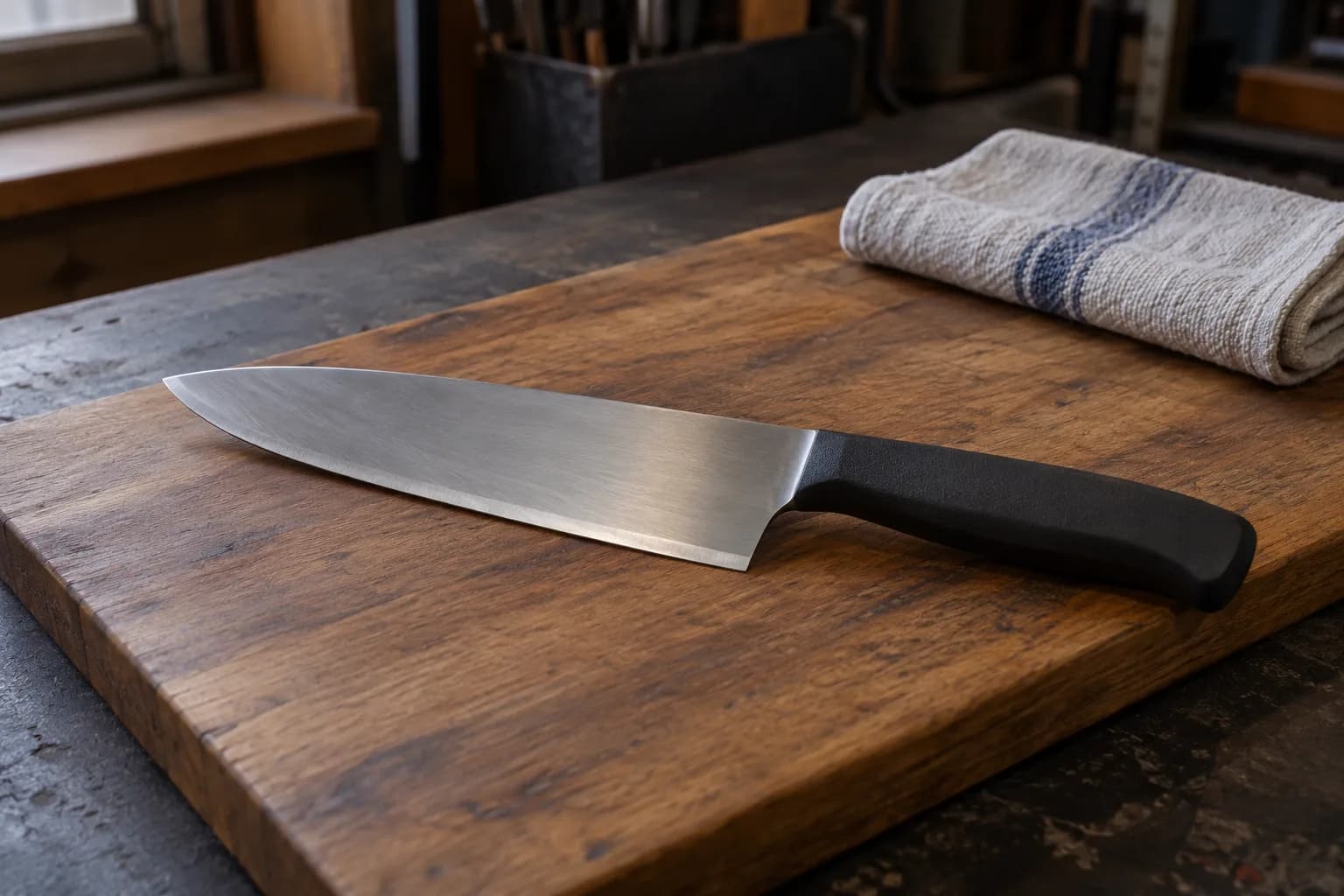 Broad kitchen knife with a black synthetic handle lying on a wooden board beside a folded striped towel in a shop.