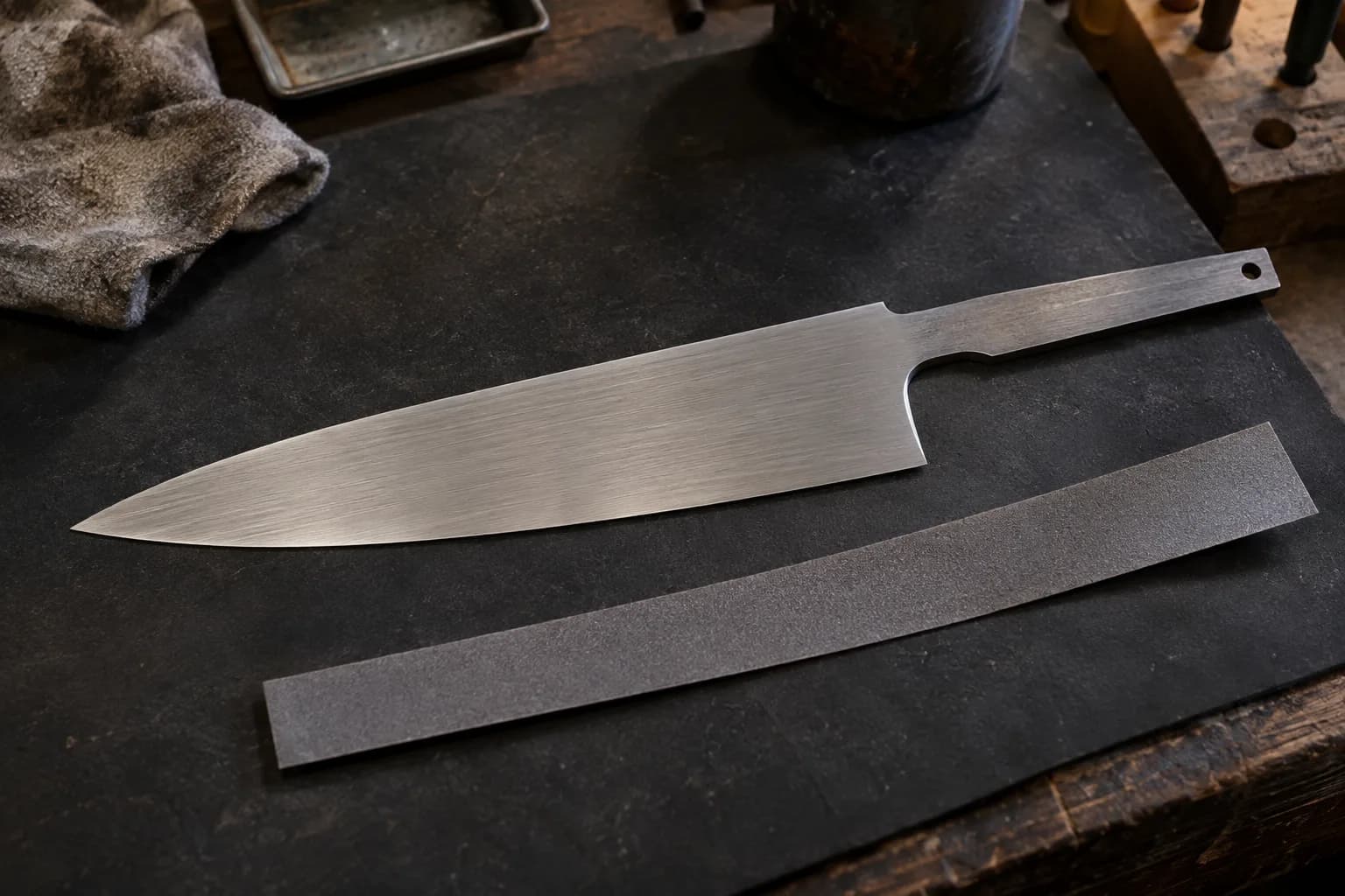 Satin-finished chef-knife blank with a pinned tang lying flat on a dark pad beside a loose strip of abrasive.