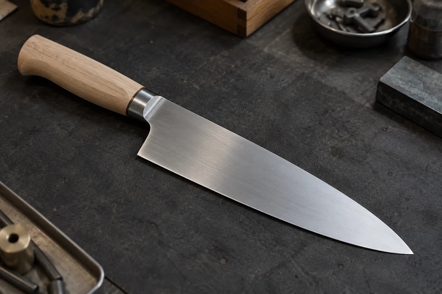 Finished satin chef knife with a pale oak handle and steel bolster lying flat on a dark slate bench among shop tools.