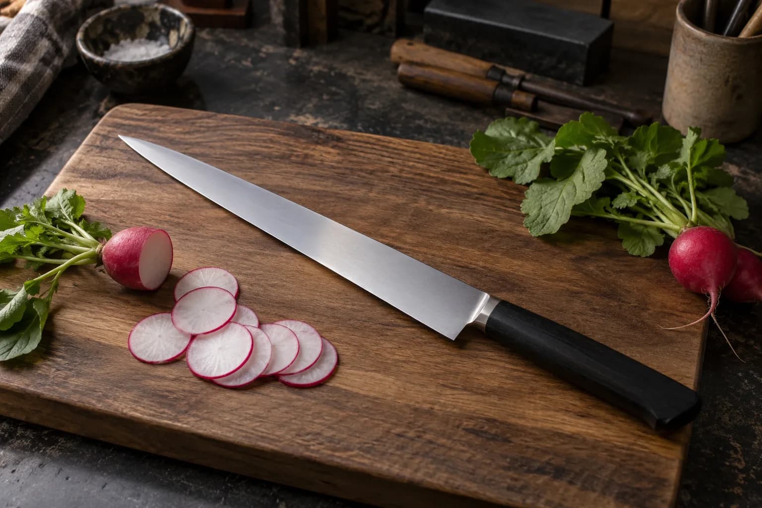 Long slim slicer knife with a black handle on a walnut board beside a whole radish and a fan of thin radish rounds.