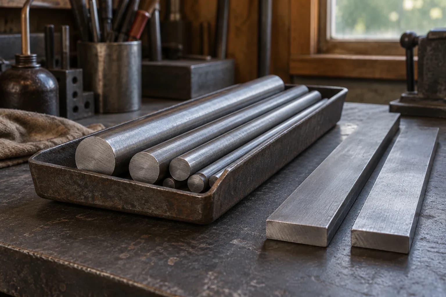 Graduated round steel bars rest in a rusty shop tray beside two flat steel bars on a dark bench.