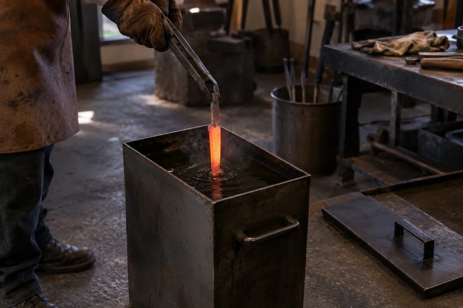 Leather-gloved hand lowers a glowing orange blade point-first into a dark oil tank with long tongs gripping the tang.