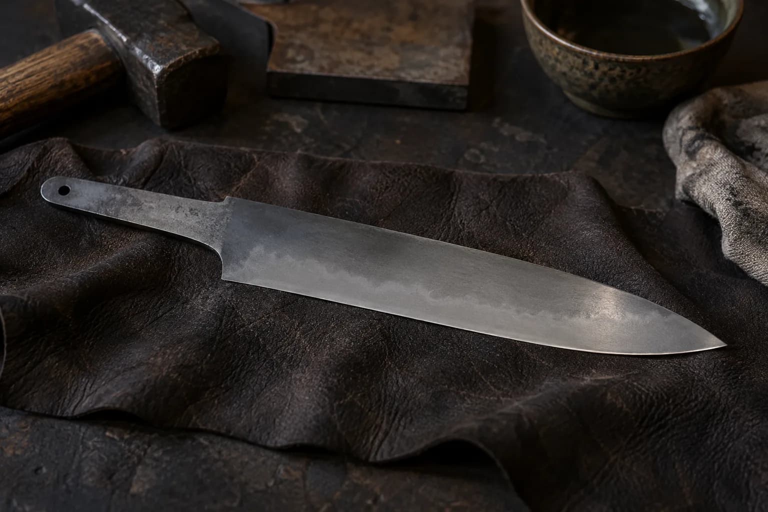 Polished carbon-steel blade with an integral tang lies on dark leather, a cloudy wavy hamon line above its edge.