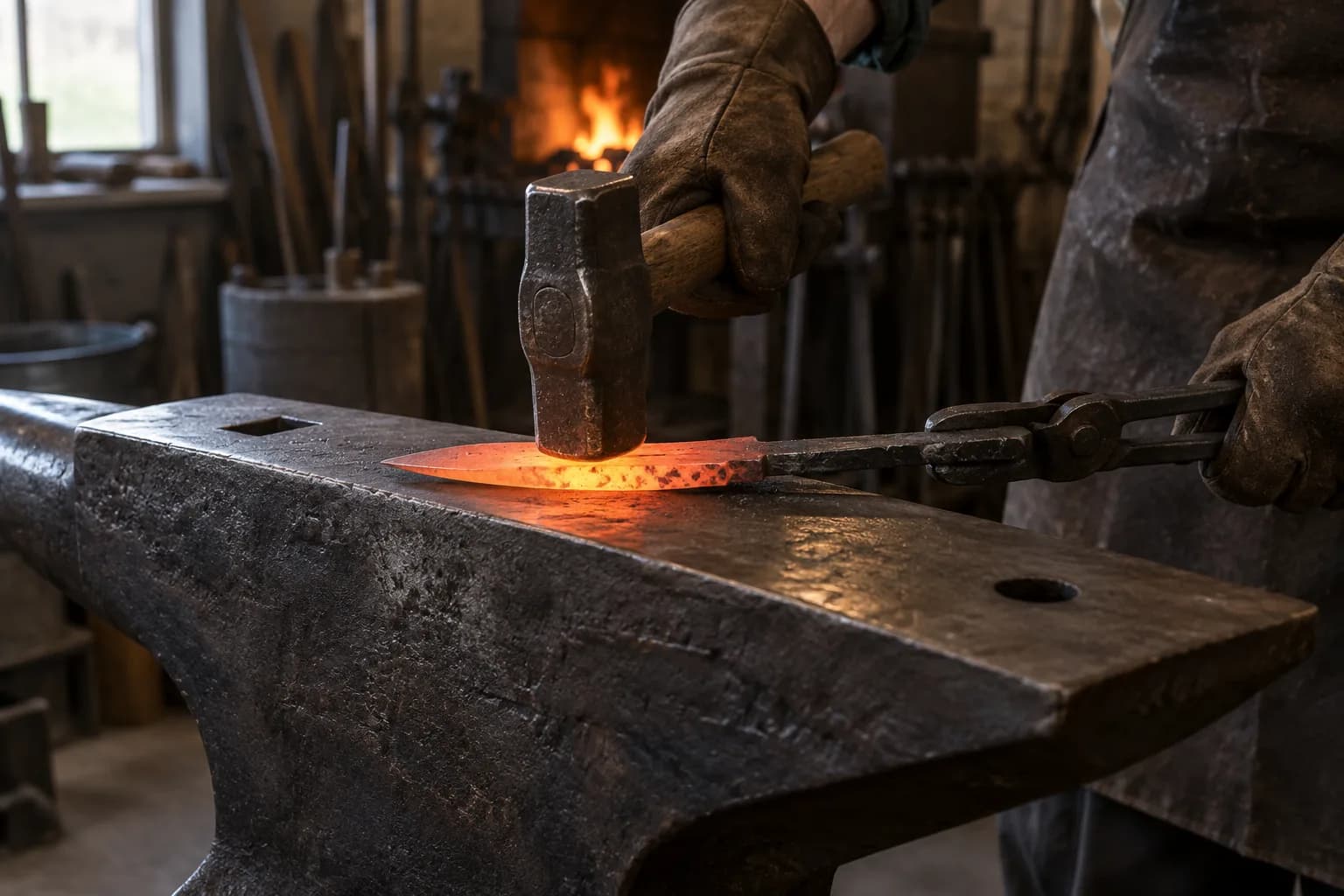 Hammer comes down on a glowing rough blade lying on an anvil, its round tang held in long tongs by a gloved hand.