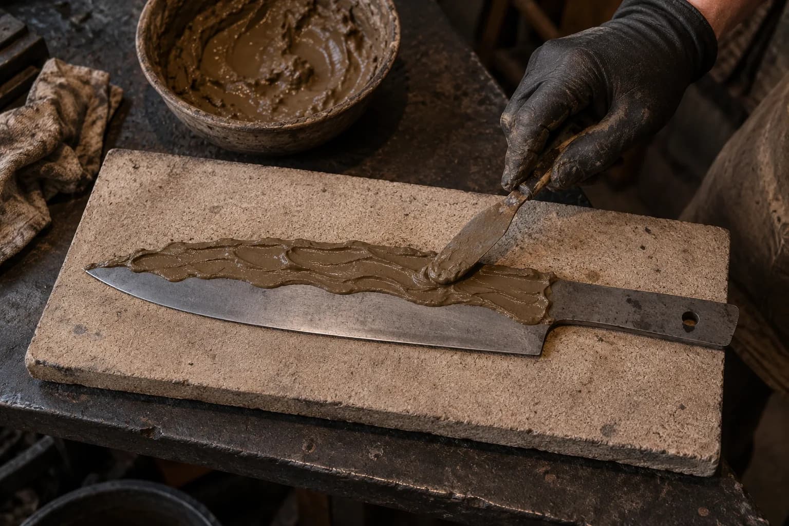 Gloved hand spreads wavy clay along the spine of a cold knife blank on a firebrick board, edge left bare, clay bowl behind.