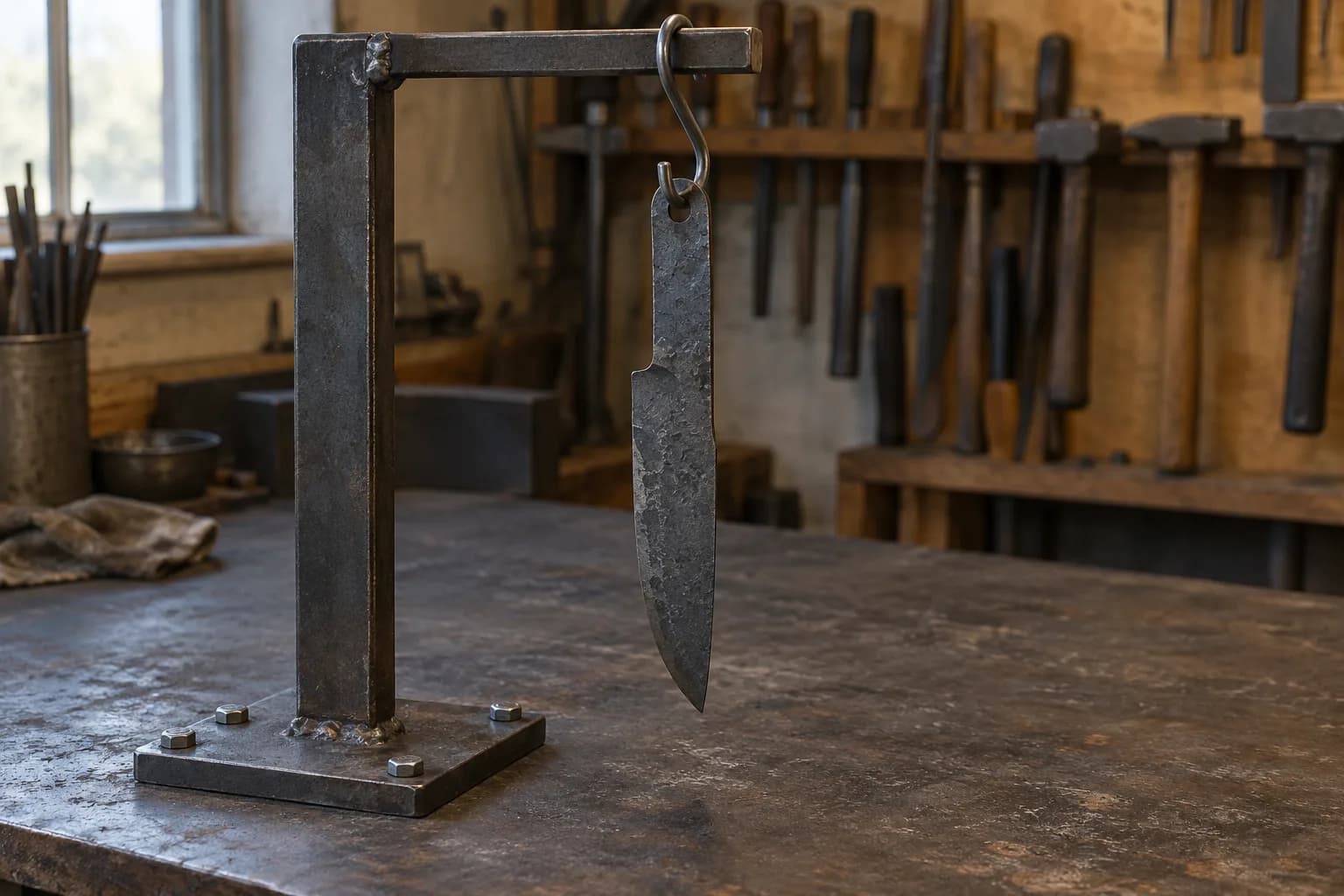 Rough-forged knife blade hangs point-down from an S-hook on a bolted steel cooling stand, tool rack behind it.