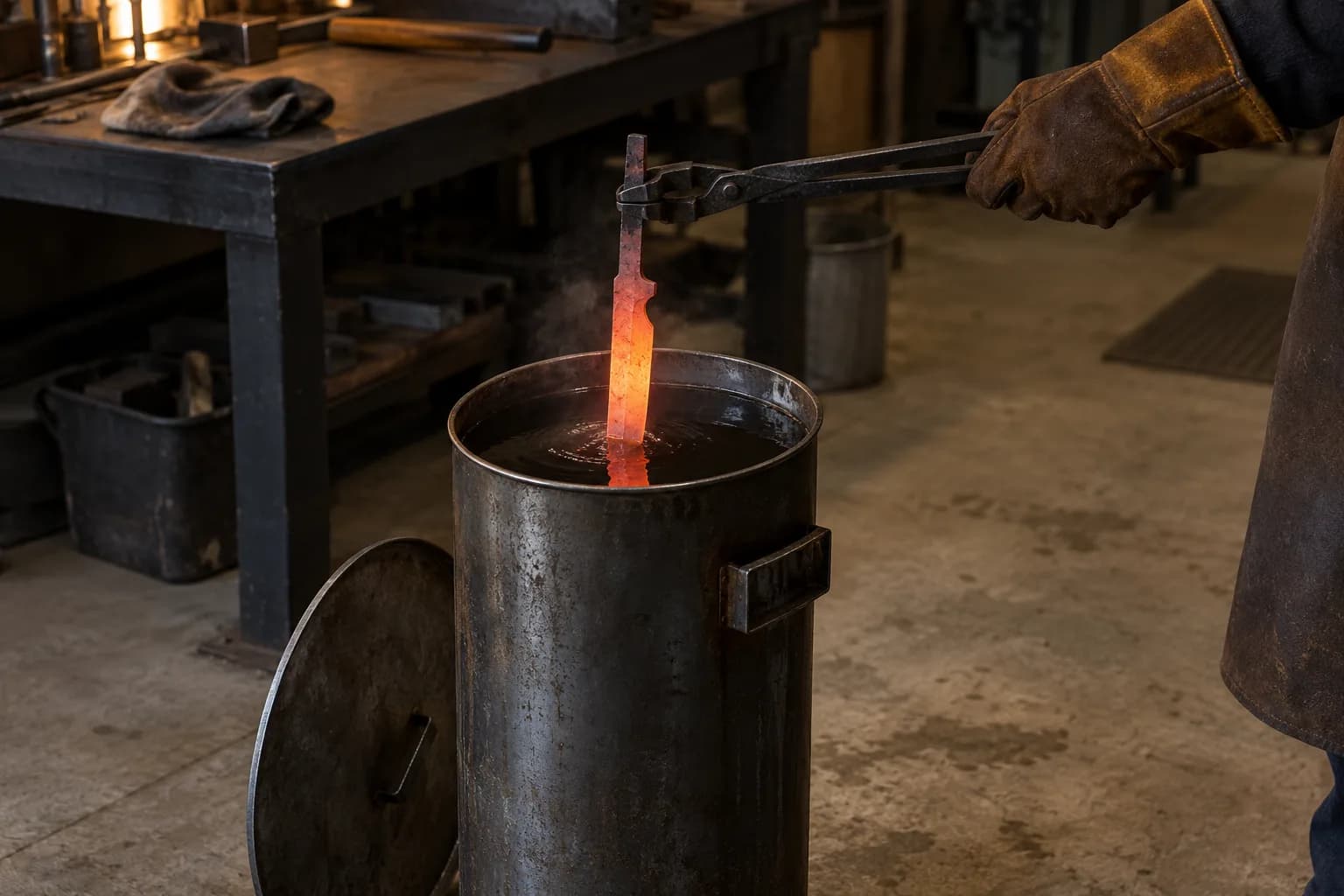 Long tongs lower a glowing orange blade point-first into a steel oil-quench tank, lid on the floor beside it.