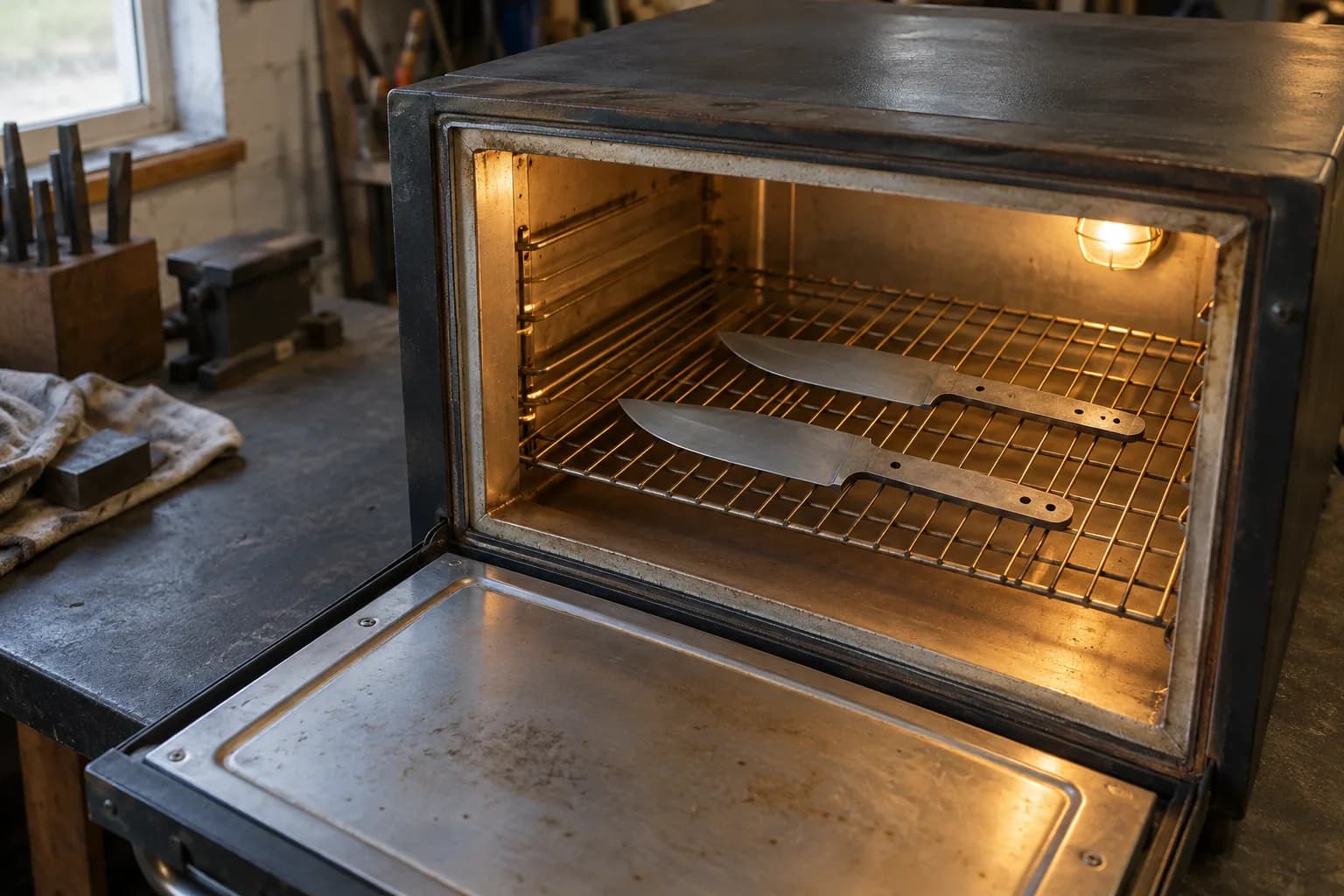 Two gray knife blanks lie spaced on a wire rack inside an open, lamp-lit workshop tempering oven.