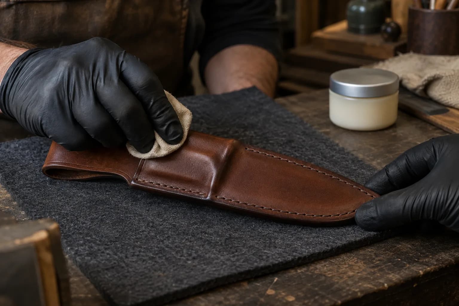 Black-gloved hand wipes a thin conditioner film onto a firm empty leather sheath on a felt pad, with a plain jar behind.