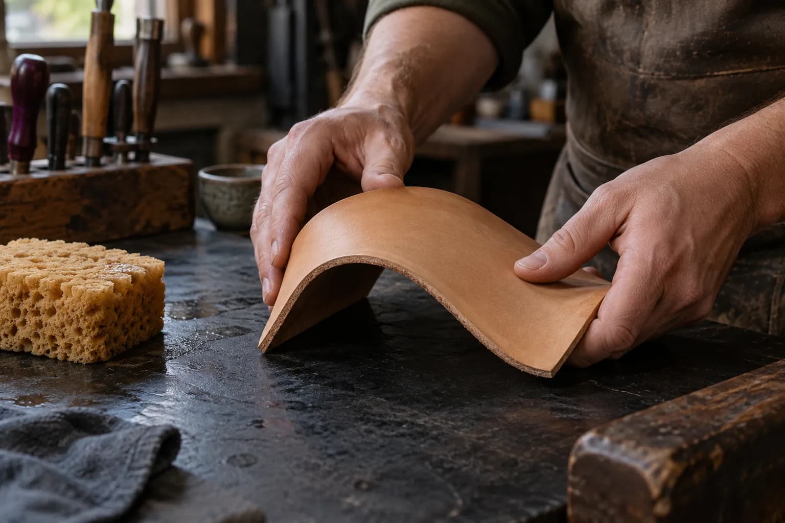 Hands bend a thick tan leather panel into a firm arc on a dark bench, with a damp sponge nearby.