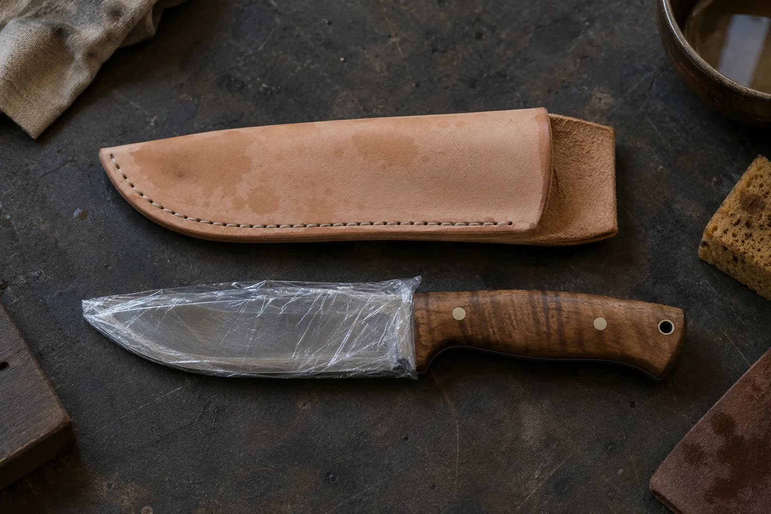 Knife with its blade wrapped in clear plastic film lies beside a damp tan stitched sheath on a dark bench.