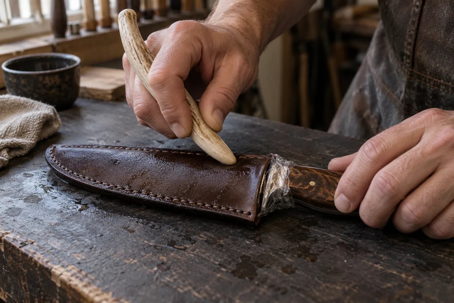 Hand presses an antler boning tool along a dark stitched sheath while the other hand holds the inserted knife's handle.