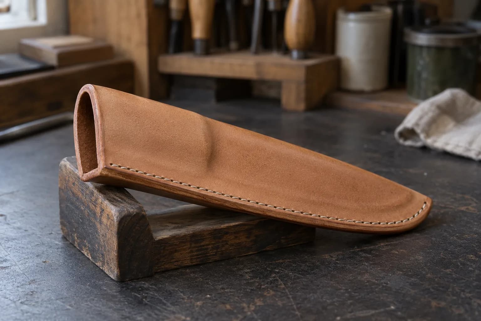 Empty stitched tan leather knife sheath resting mouth-up in a wooden cradle on a dark bench, its slit mouth open to dry.
