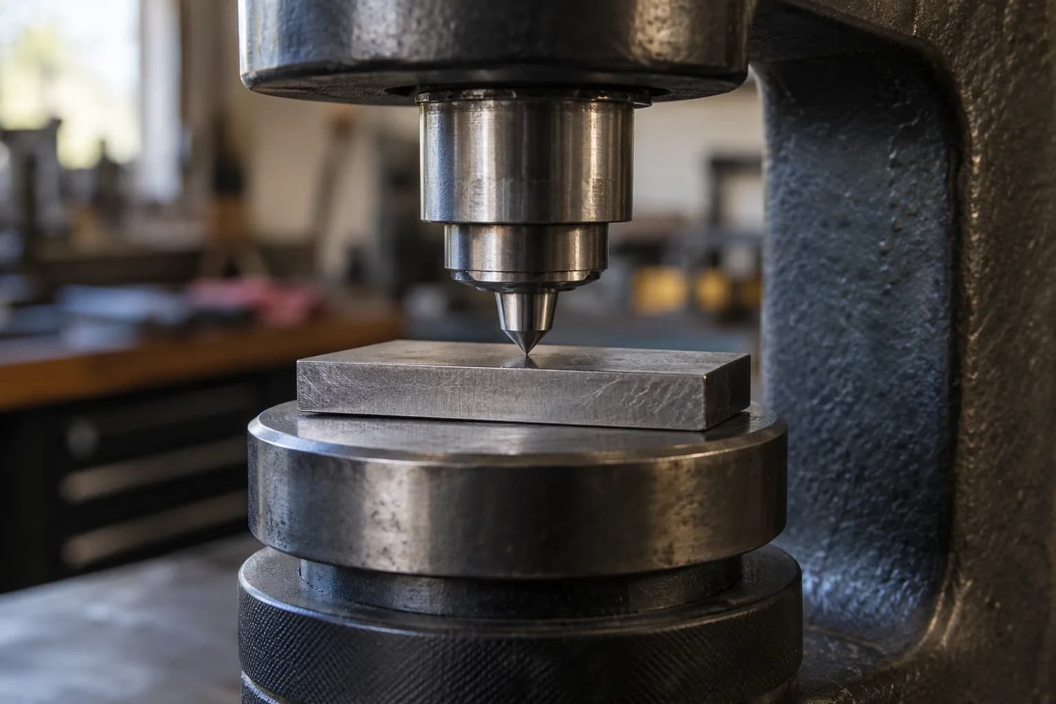 Conical indenter of a hardness tester touching a flat steel coupon on the tester's round steel anvil.