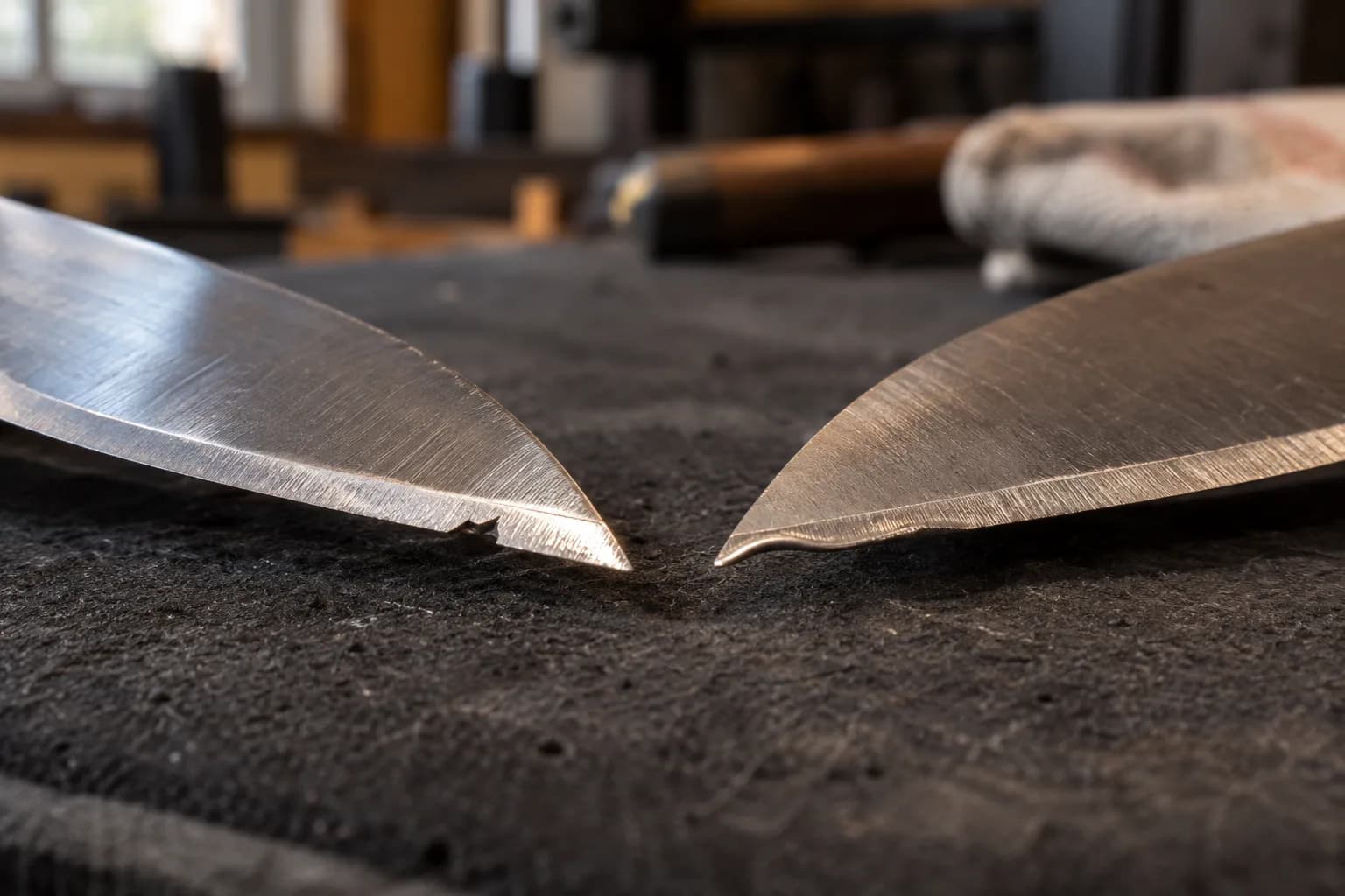 Two blade tips on a dark bench pad: one edge has a small jagged chip, the other's apex is rolled into a bright lip.