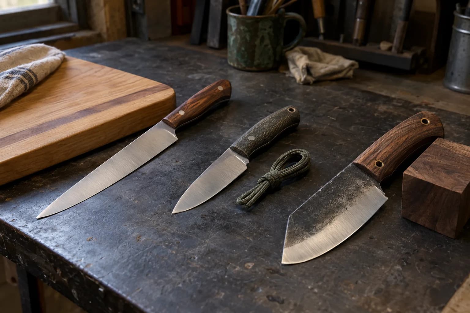 Kitchen knife by a cutting board, small utility knife by coiled cord and stout chopper by a hardwood block on a dark bench.