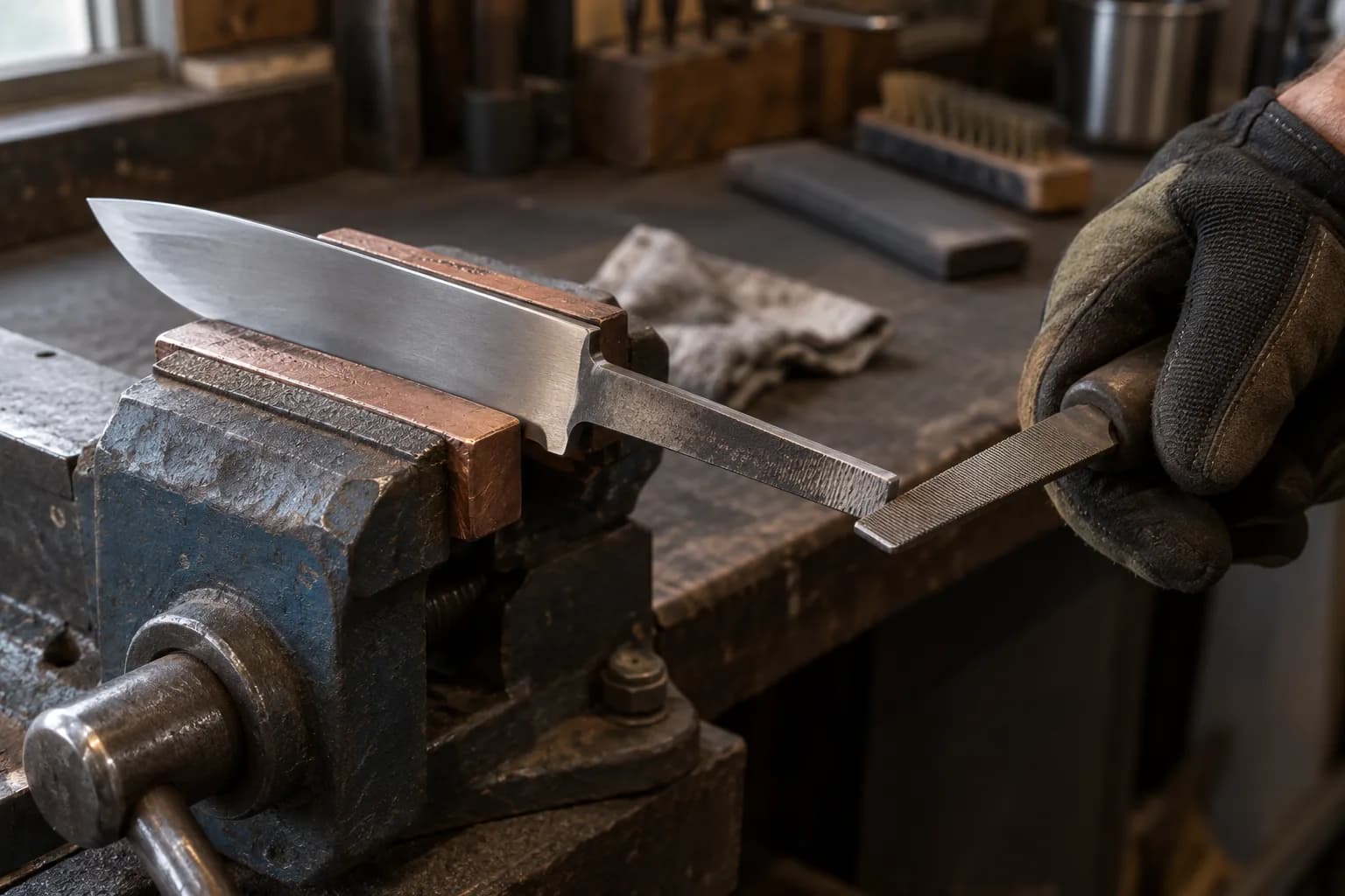 Gloved hand touching a file to the tang of an unhandled knife blade clamped in a vise between copper soft jaws.