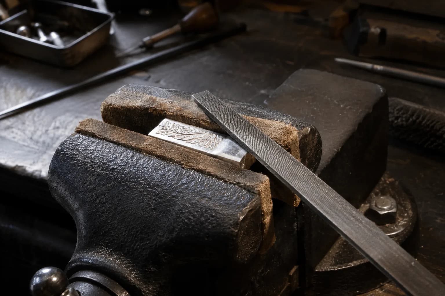 Small silver bar with an engraved leaf pattern gripped in leather-faced vise jaws, a fine flat file resting across it.
