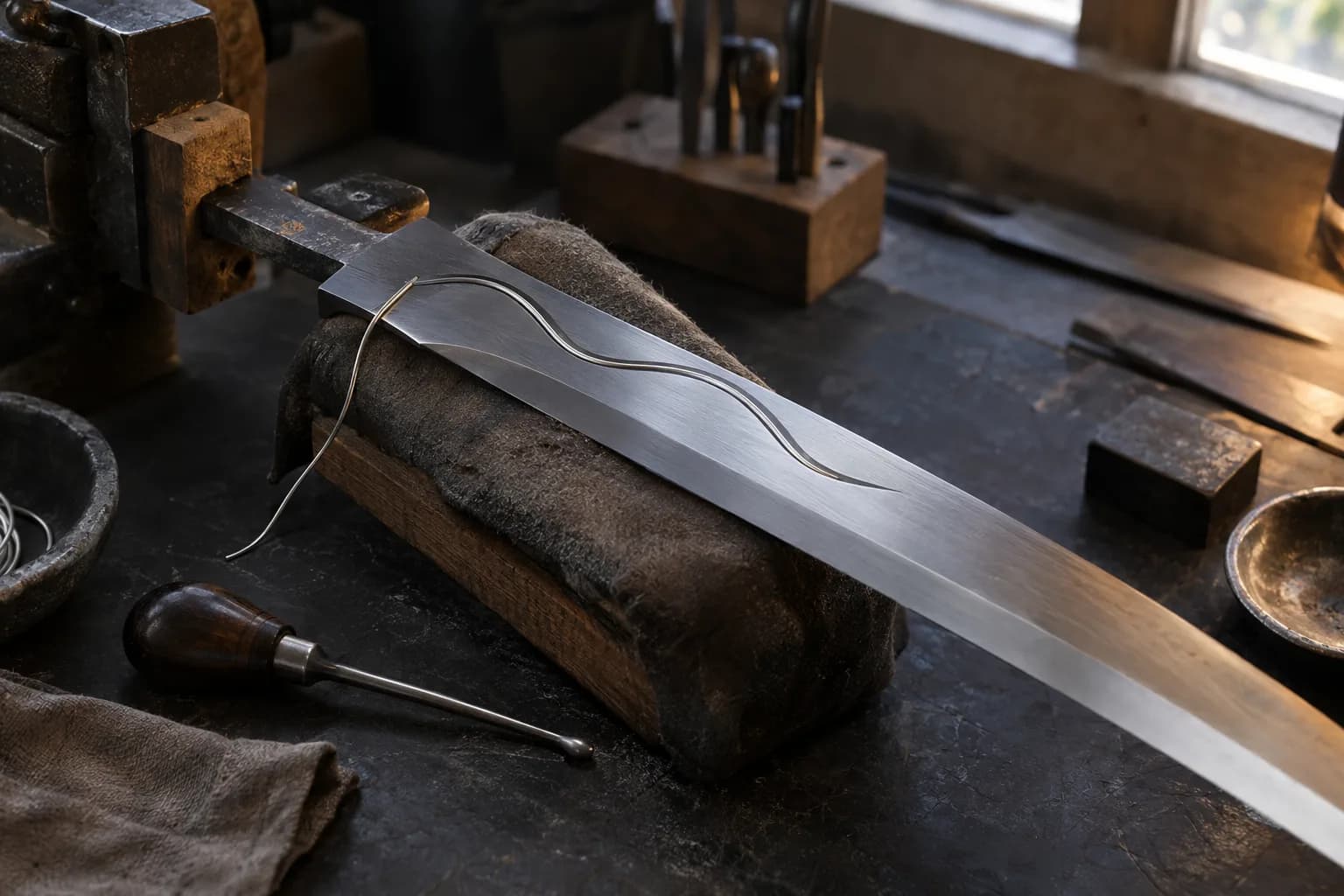 Thin silver wire seated in a wavy channel on a polished steel blade flat, tang in a vise, burnisher beside it.