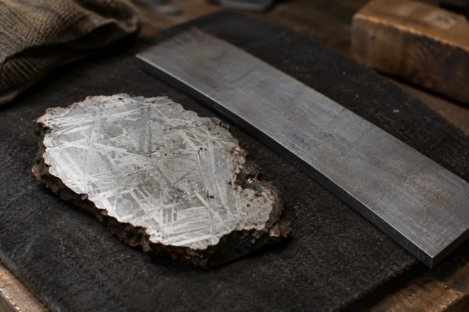 Cut meteorite slice with crossing etched bands and a dark rough rind beside a plain steel bar on a dark pad.