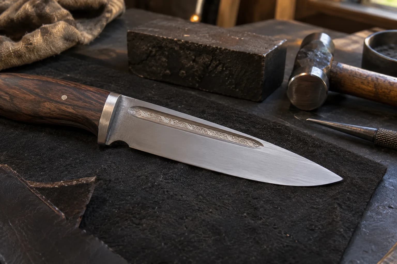 Steel knife blade with a recessed fuller of silver scrollwork above a plain satin edge, on a dark pad beside a hammer.