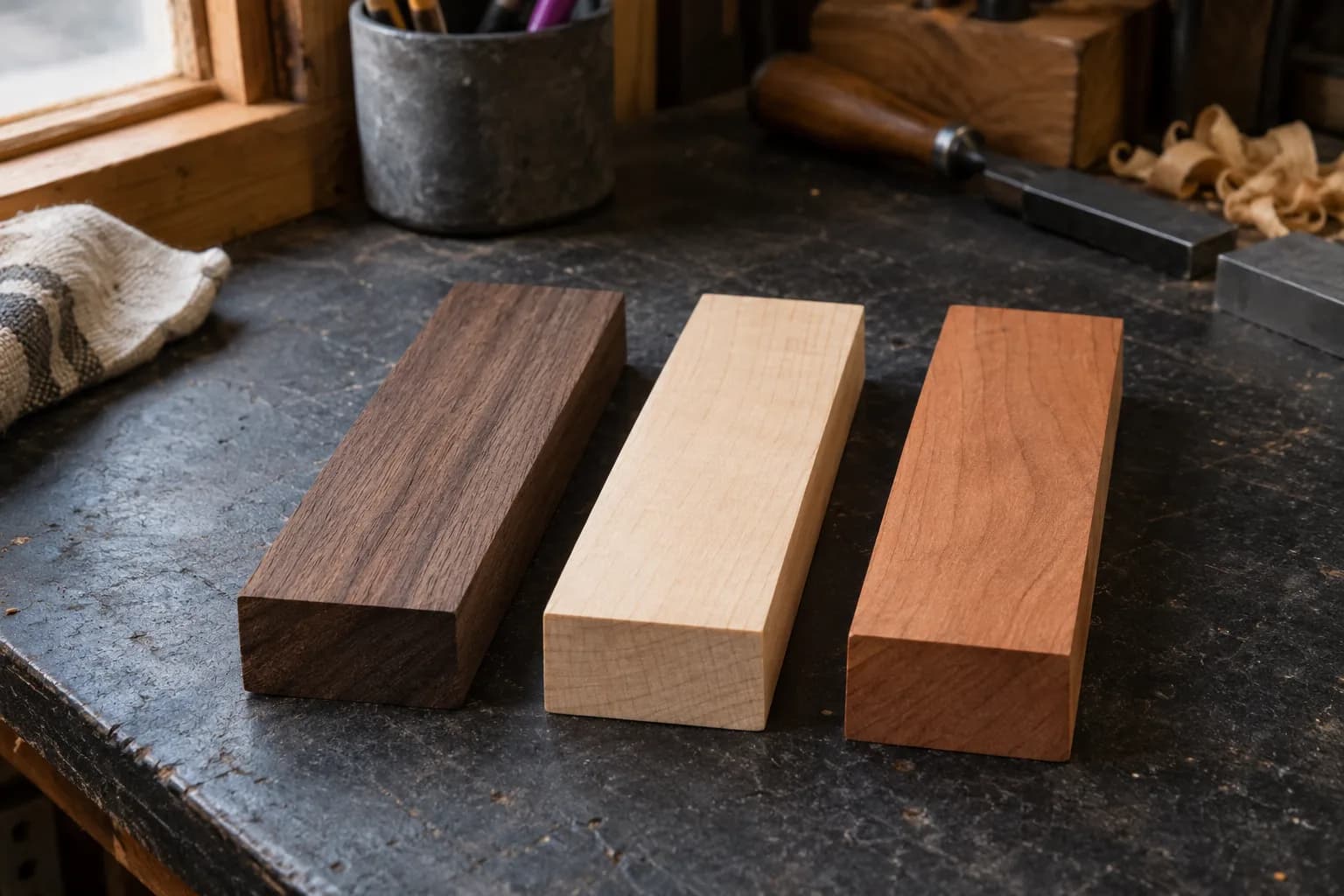Dark walnut, pale maple and reddish cherry handle blanks lying side by side on a worn charcoal workbench.