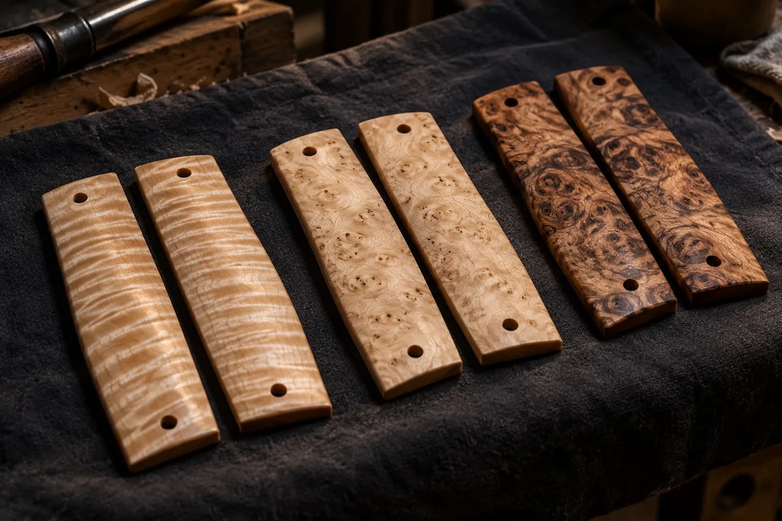 Three matched pairs of drilled handle scales on dark cloth: rippled curly maple, pale speckled maple and swirling dark burl.