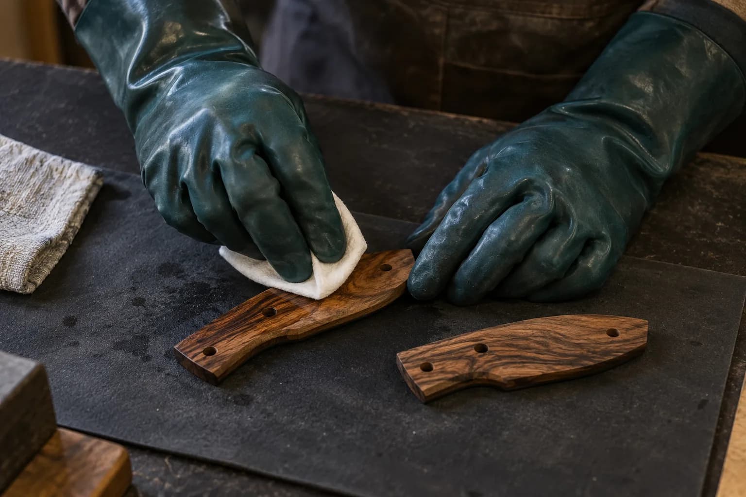 Gloved hand wiping the flat glue face of a dark oily-wood handle scale with a white pad; a matching scale rests beside it.