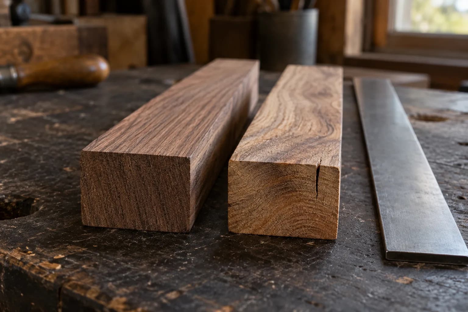 Straight-grain wood blank beside a second blank with a narrow crack in its end grain, and a plain steel straightedge.
