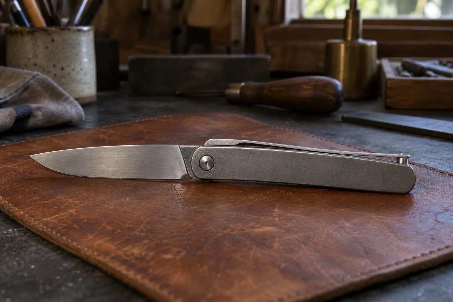 Open friction folder on a leather pad, its tang lever running along the spine of a plain steel handle.