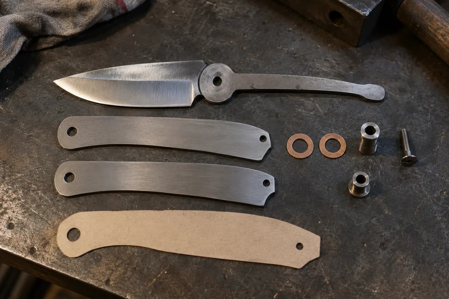 Friction-folder blade with disc tang, two steel liners, two bronze washers, barrels, screw and cardstock template on a bench.