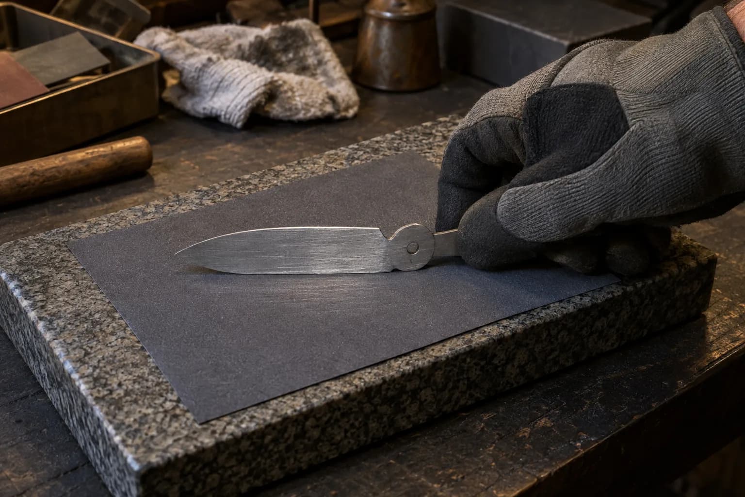 Gloved hand holds the tang tail of an unfinished friction-folder blade flat on abrasive paper over a granite plate.