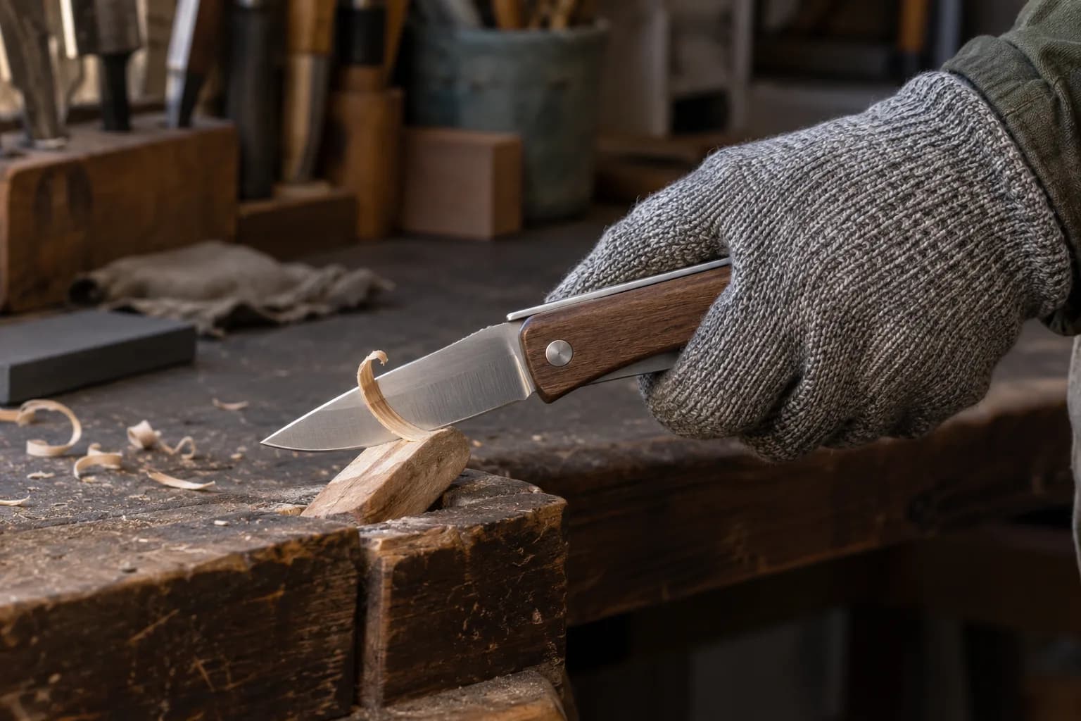 Gloved fist gripping an open lockless folding knife, its tang strip along the spine, cutting a curl from a stick in bench jaws