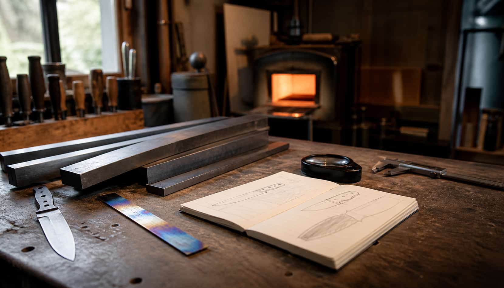 Knife steel bars, a sketchbook, magnifier and calipers on a bench with a heat-treat kiln glowing behind