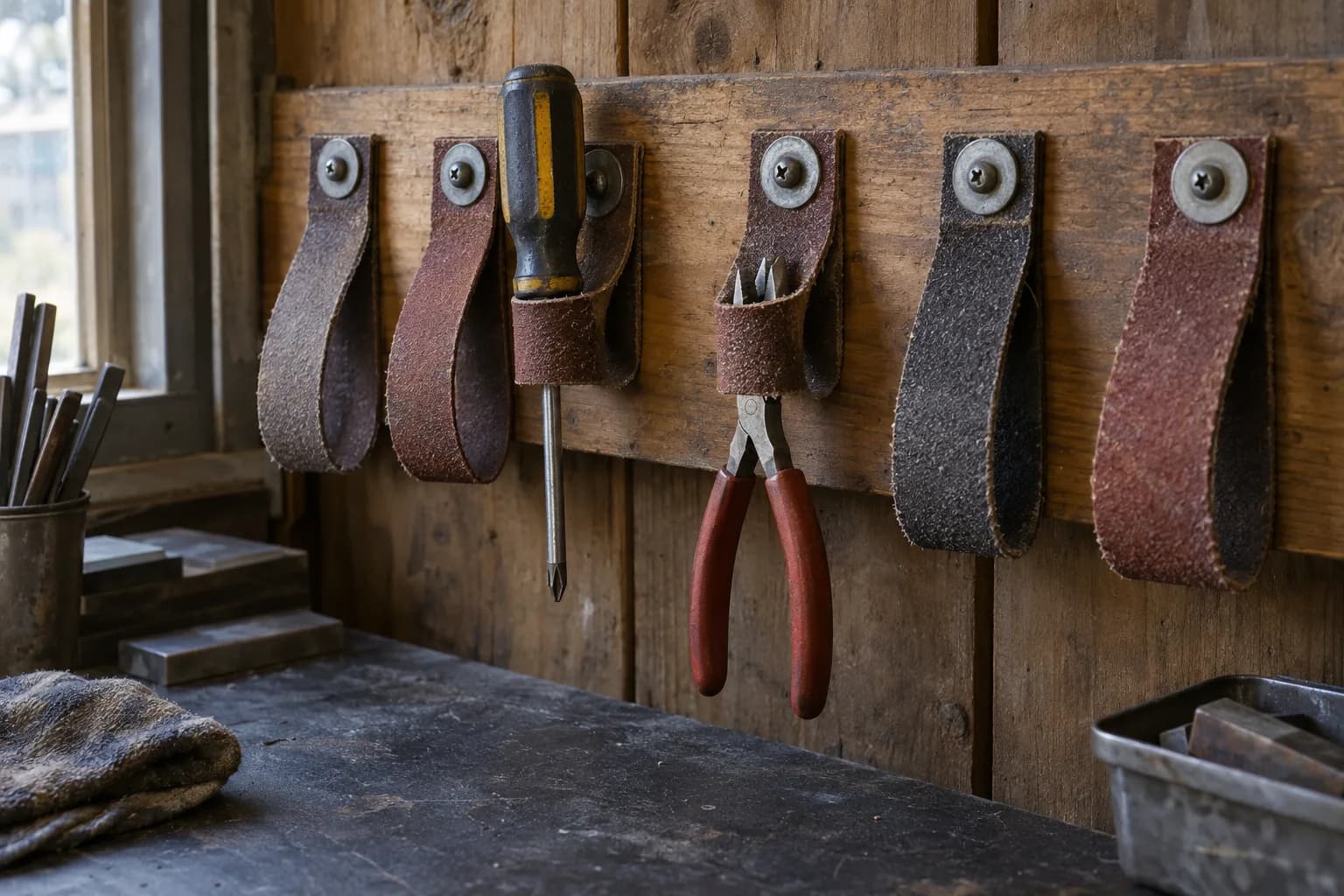 Wall rail with six worn abrasive belt loops screwed on with washers, holding a screwdriver and a pair of red-handled pliers