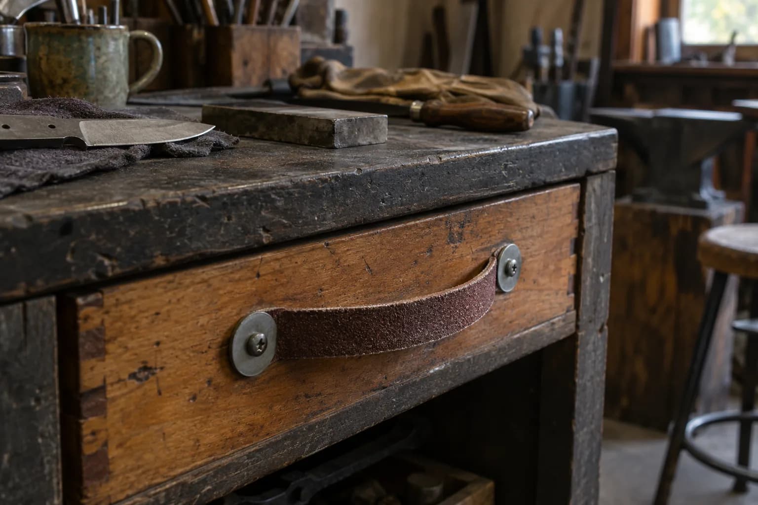Closed workbench drawer with a worn abrasive strip screwed on at both ends as an arched handle, knife blank on the bench