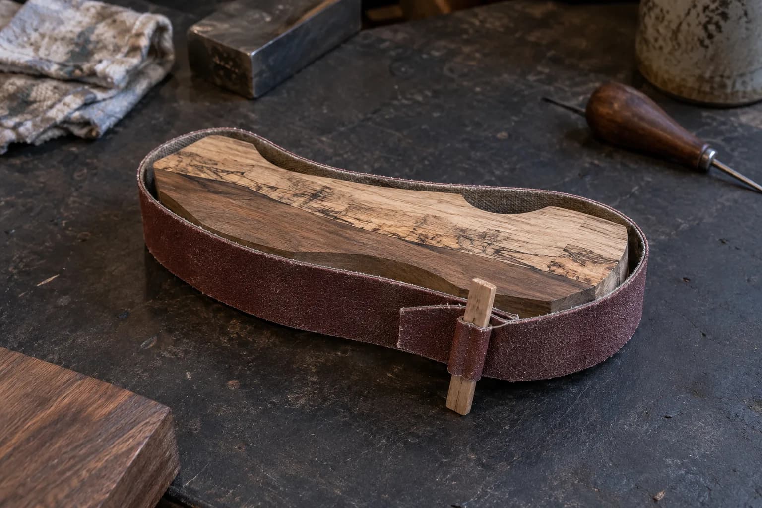 Worn abrasive belt strap wrapped around a spalted and walnut wooden assembly on a bench, held closed by a wooden toggle
